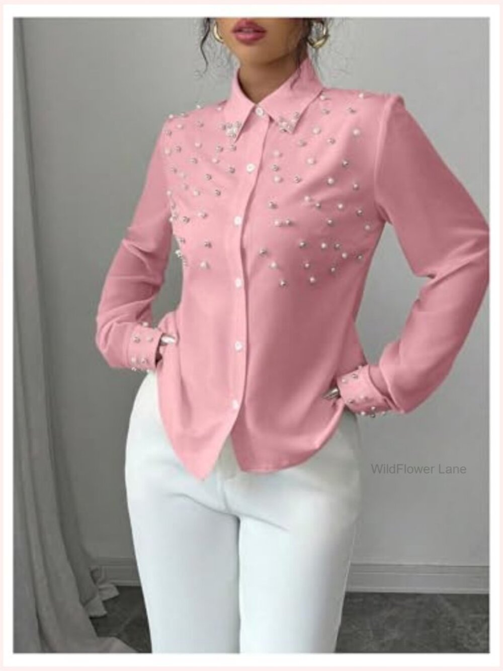 Pearl Beaded Long Sleeve Button Down Blouse Shirt Work Office - Picture 4 of 5